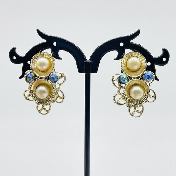 Filigree Faux Pearl Earrings Clip On Aurora Borealis Beads Gold Tone Glam Bling - Picture 4 of 10